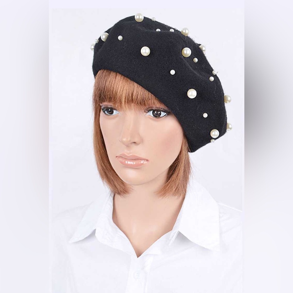 French Beret With Pearls and Metal Accents